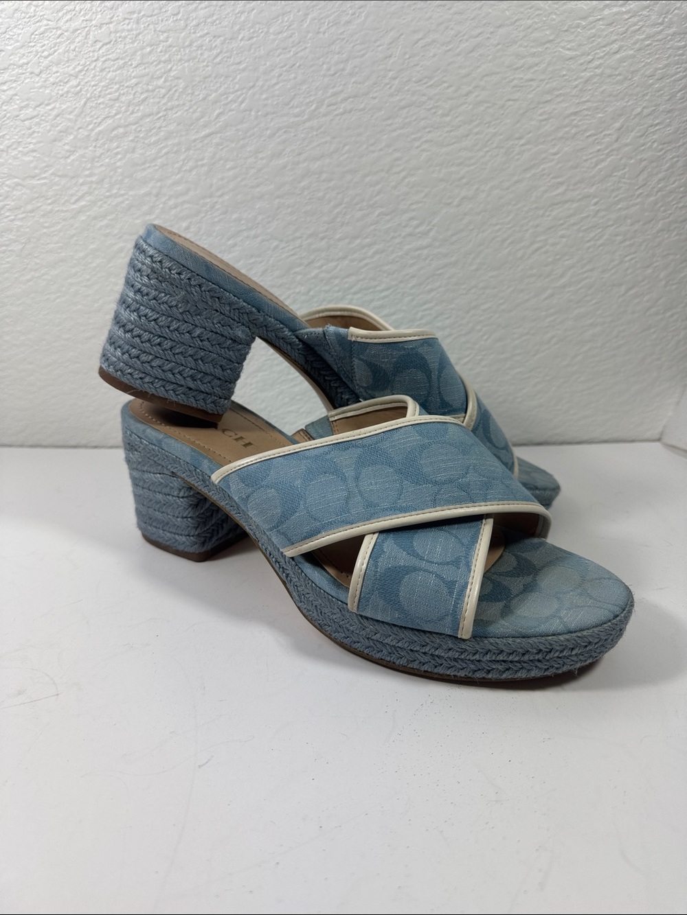 Coach Sloan Light Blue Cross-Strap Wedge Espadrille Sandals